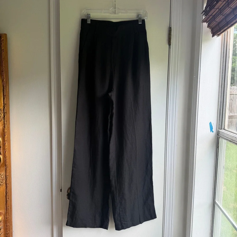 H&M Black Wide Leg Linen Blend Trousers High Waist Elastic Back Pants Size 6 NWT